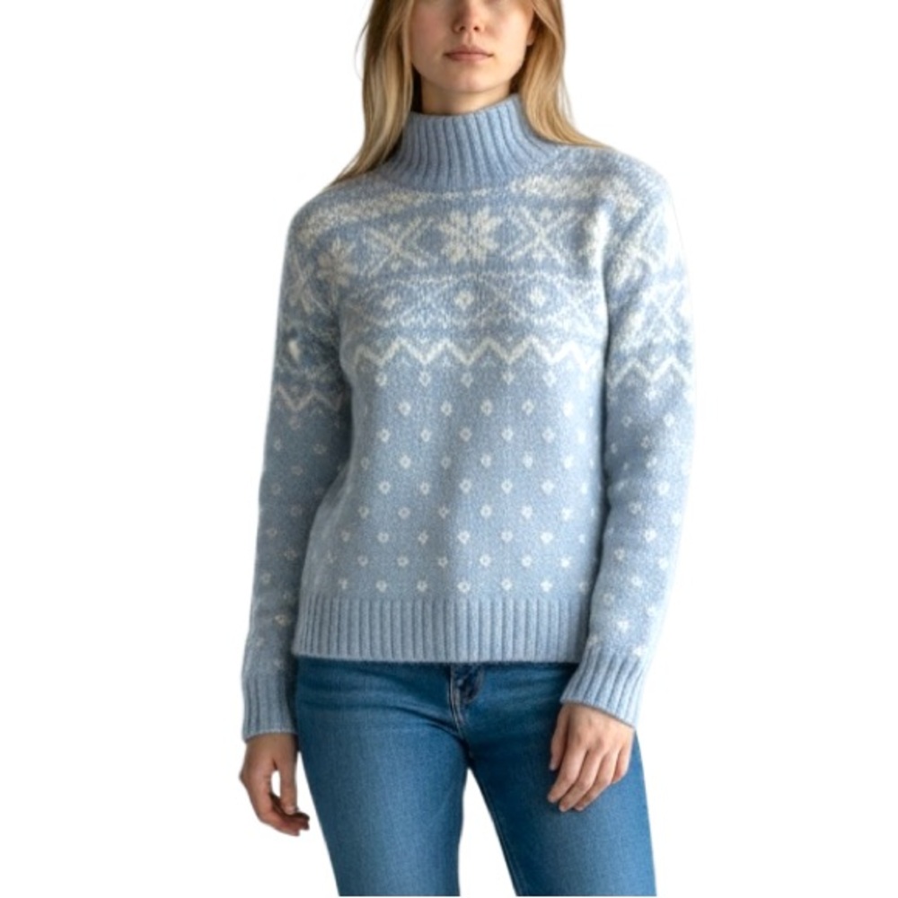 Ralph Lauren fair Isle wool blend ice blue sweater hand knit mock neck sz medium